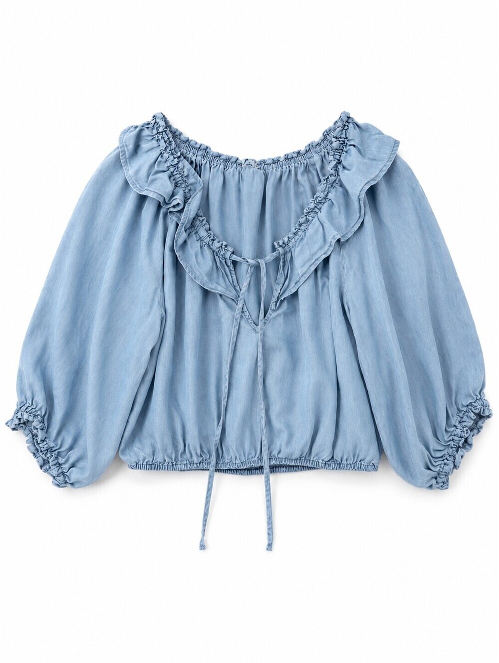 Love Tree 100% Tencel Chambray Ruffle Peasant Crop Blouse Blue Size L